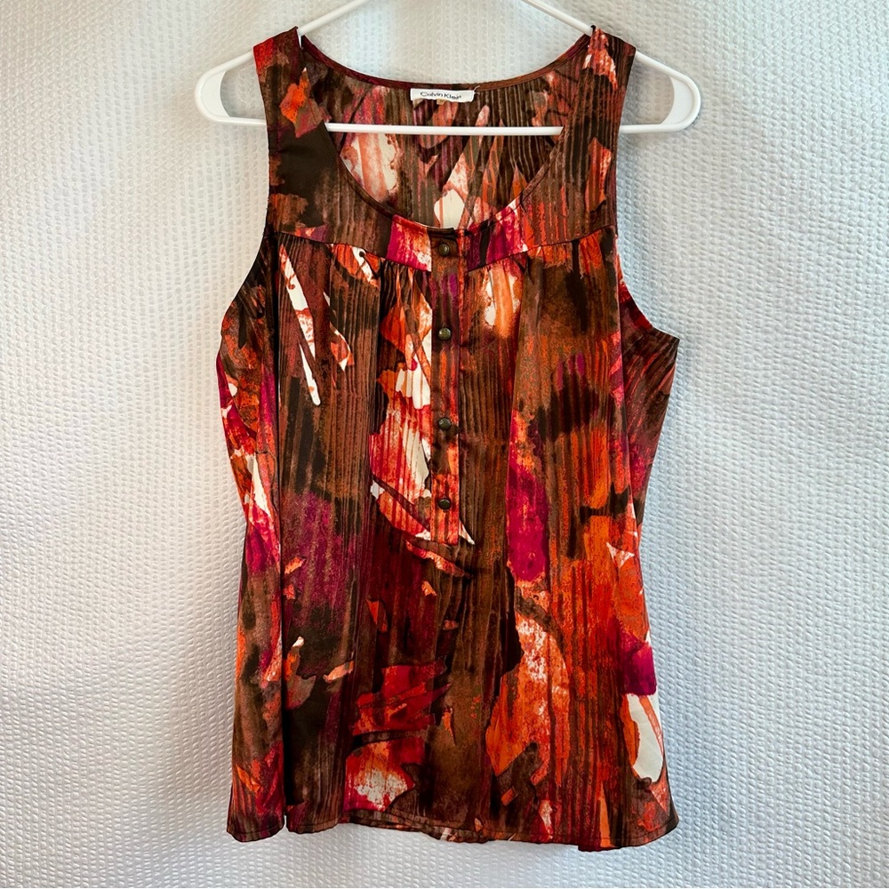 CALVIN KLEIN Red Orange Brown Abstract Floral Sleeveless Pleated Blouse Medium